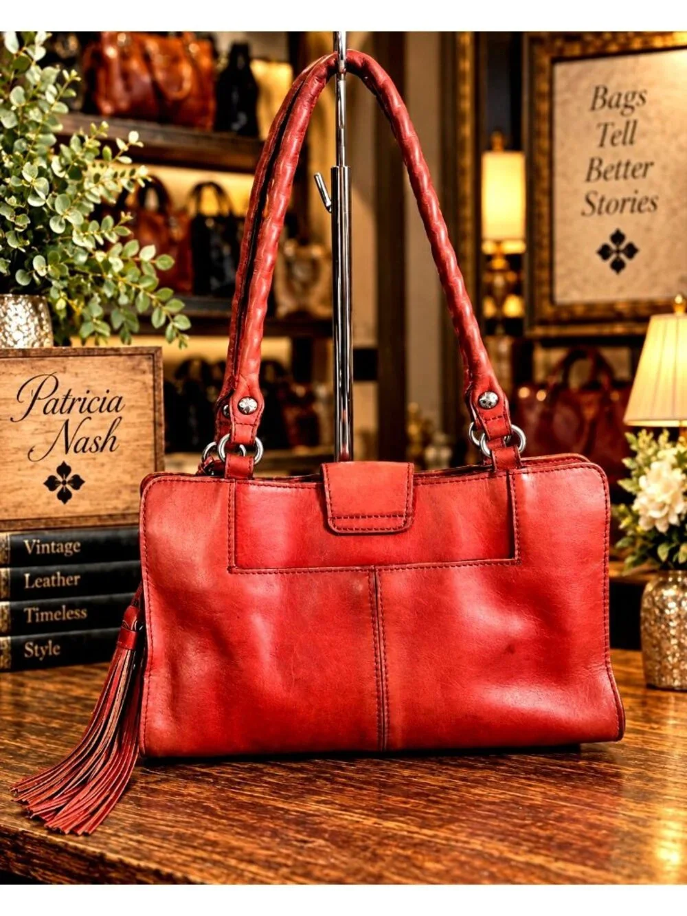 Patricia Nash Rienzo Satchel Rose Tooled Red Ochre Leather Tassel Handbag Purse